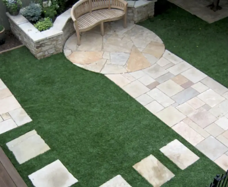 A bench garden with stone and turf, then and now. 2001